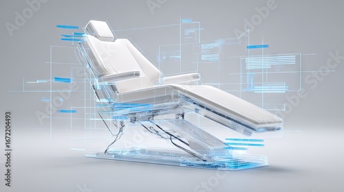 High-tech dental chair rendered in futuristic white and blue digital interface style with transparent elements for modern oral healthcare and innovation design