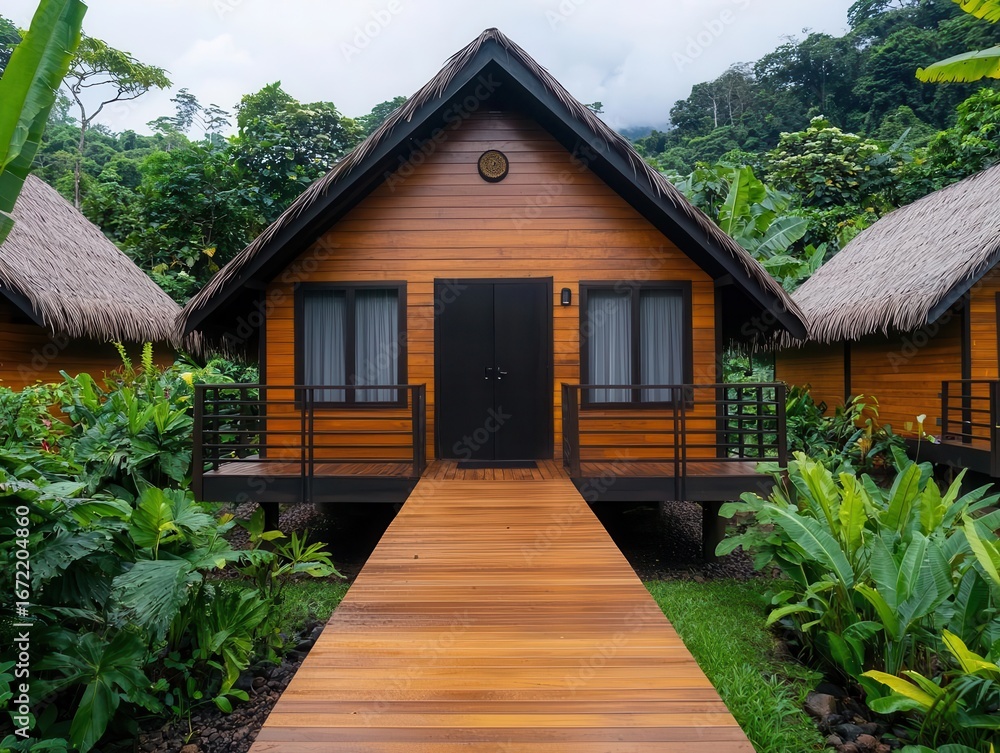 Fototapeta premium Ecolodge in tropical location with minimalist design, harmony with nature
