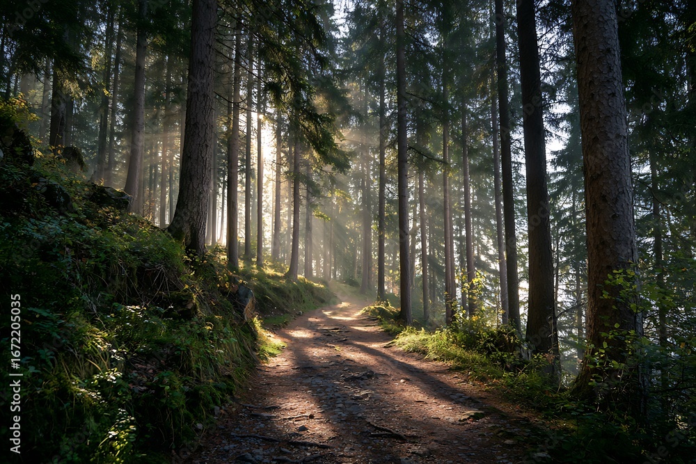 Fototapeta premium illuminated path through forest with tall trees 