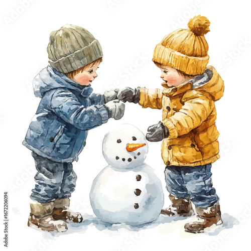 watercolor vector of Children Building Snowman, isolated on a white background.