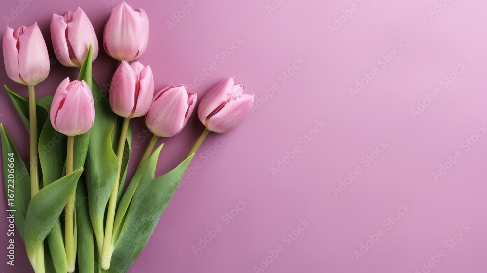 Fototapeta premium pink tulips, flower bouquet, soft floral arrangement, minimalist background, pink gradient backdrop, delicate petals, spring bloom, botanical still life 