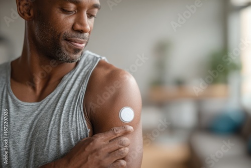 Close-up of Black man using wearable insulin tech for diabetes care