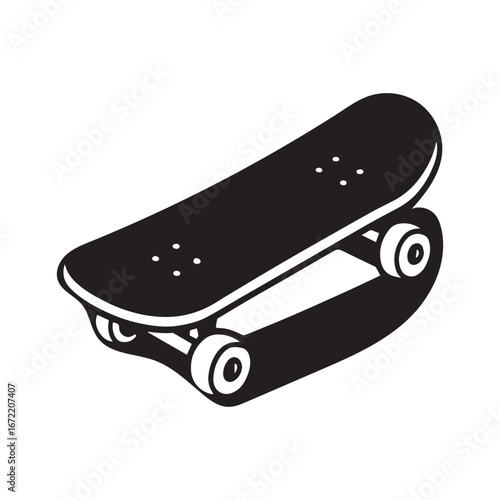  A skateboard silhouette viewed from an angled side perspective. 