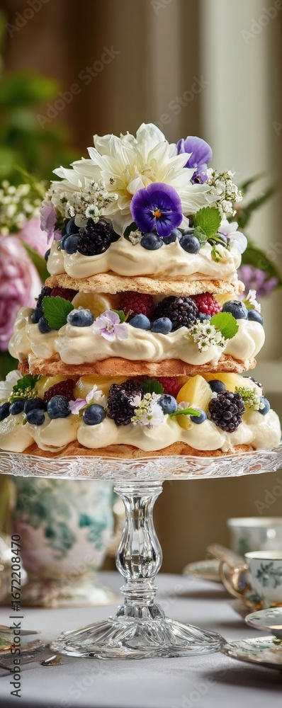 Naklejka premium A two-layered pavlova cake adorned with fresh berries (blueberries, blackberries), whipped cream, and a crown of white and purple flowers sits on a crystal cake stand amidst a tea party setting