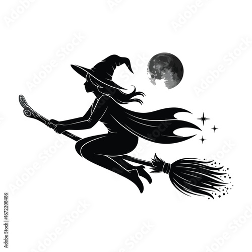 Witch Silhouette Illustration Flying on Broomstick with Moon and Stars on White