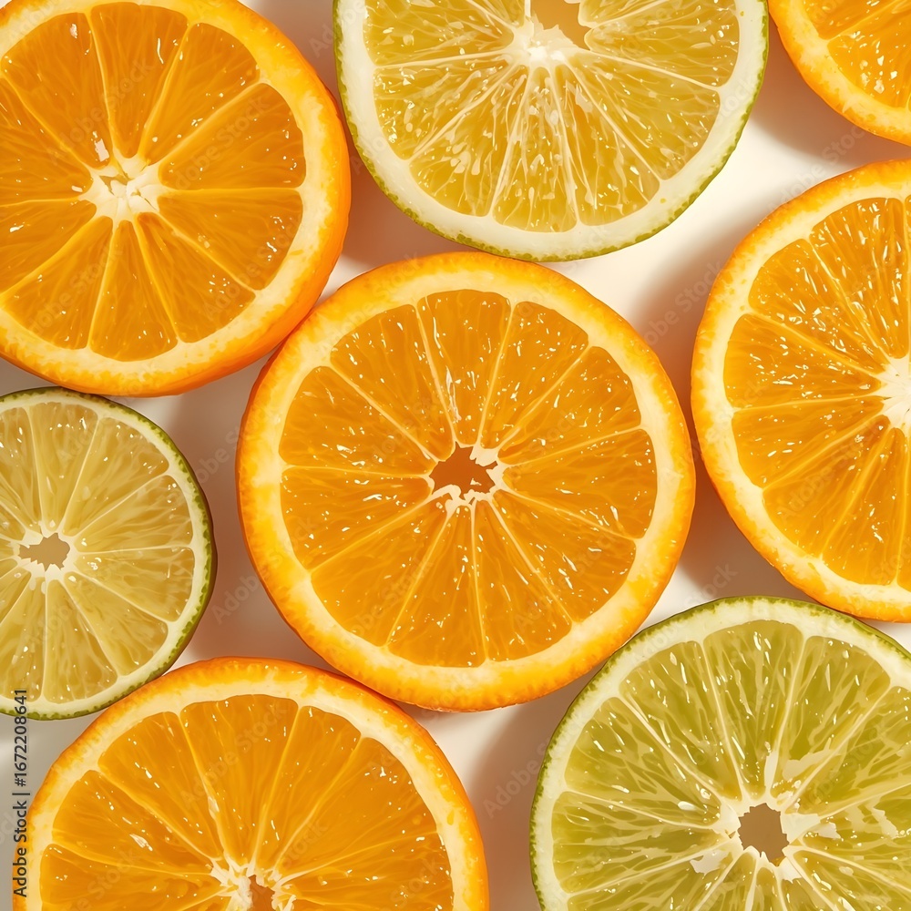 Obraz premium Citrus fruits (orange, lemon, lime) sliced circles, flat lay. (1)