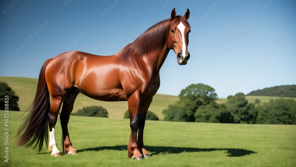 Fototapeta premium Strong brown horse standing still in a field