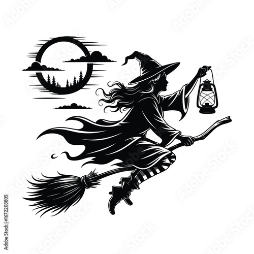 Witch Silhouette Illustration Flying on Broomstick with Lantern and Moonlit Night Scene