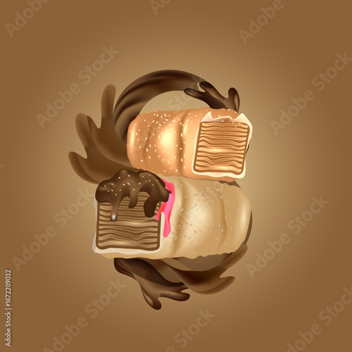 Illustration of a chocolate ice cream roll with chocolate syrup. Vector illustration.