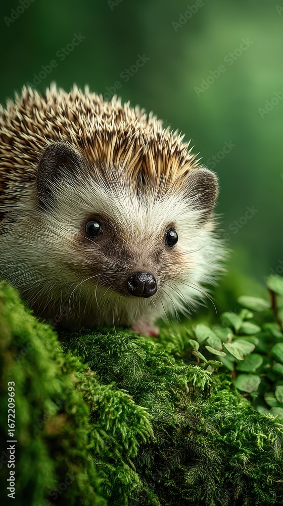 Fototapeta premium Hedgehog exploring a lush green forest covered with moss and small plants during daylight hours