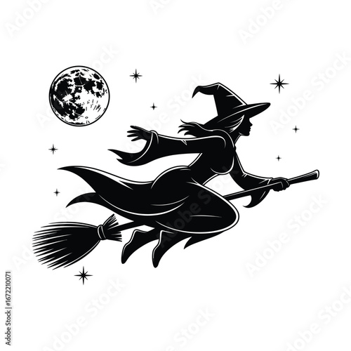 Witch Silhouette Illustration on Broomstick with Moon and Stars Night Sky Design