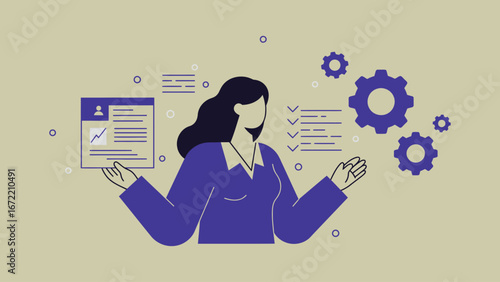 Clean vector illustration of a single minimalist businesswoman character representing marketing and strategy, perfect for business, corporate, and advertising themes.