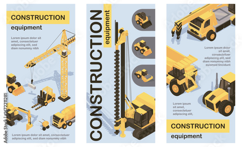 Construction equipment isometric vertical banners set. Poster layouts with crane, bulldozers, concrete mixer, tractors, backhoes, forklifts and other machinery on building site. Vector illustration.