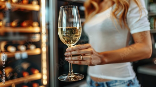 Woman holding a glass of sparkling wine in a modern kitchen with wine fridge in background