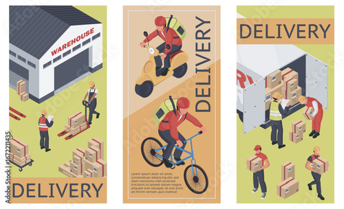 Delivery isometric vertical banners set. Poster layouts with workers loading parcel boxes with forklift, operators at warehouse, couriers shipping packaging, truck transportation. Vector illustration.