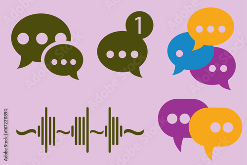Colorful chat bubble icons with notification badges and voice waveform.