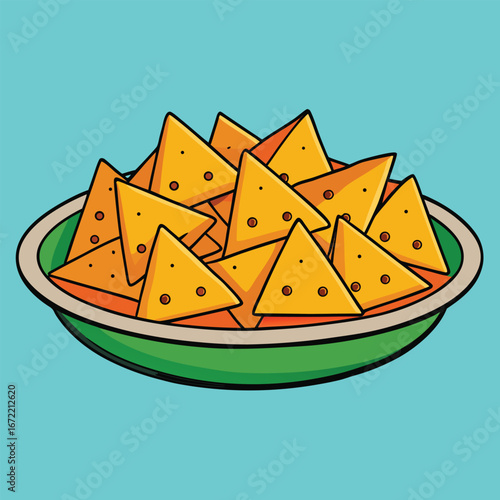 Bowl of Tortilla Chips with Dip on a Teal Background nachos snack