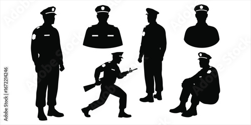 Five black silhouettes of police officers in uniform with one holding a rifle and one sitting security