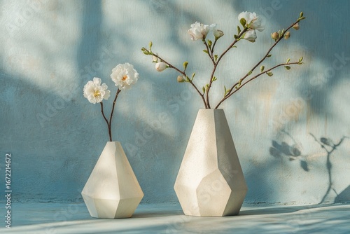 Geometric vases with white blossoms on blue background