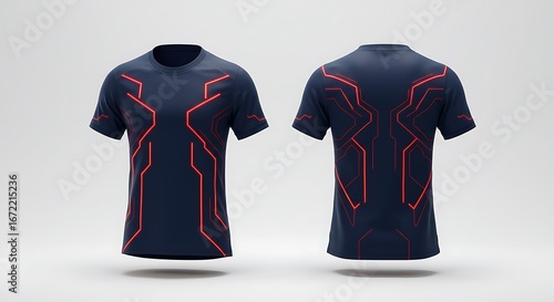 Futuristic dark blue t-shirt with neon red circuit design, perfect for tech, sports, and gaming brands
