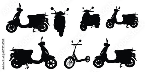 Set of Black Silhouettes of Scooters and Electric Kick Scooters electric scooter moped