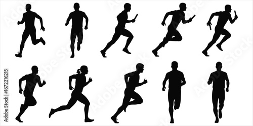 Silhouette Collection Of Runners In Various Poses On White Background running sport