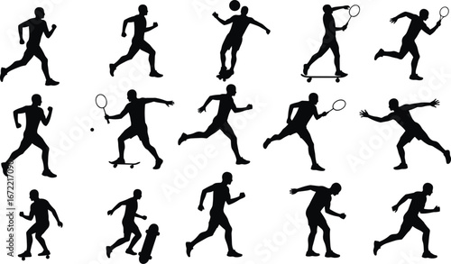 Silhouettes of men playing sports and skateboarding on white background Keywords: sports, silhouette