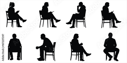 Silhouettes of people sitting on chairs in various poses on white background vector illustration