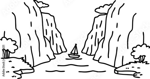 Sailboat floating between steep cliffs and calm river nature adventure, peaceful landscape, outdoor travel illustration