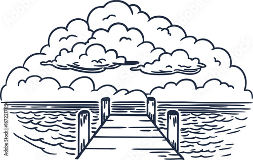 Wooden pier extending into calm sea under cloudy sky seaside landscape, tranquil ocean view illustration