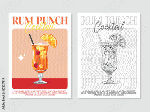 Rum punch cocktails retro posters. Garnished alcoholic beverage graphic print. Popular alcohol drinks. Vintage style vector illustrations, bar, pub, restaurant, kitchen wall art