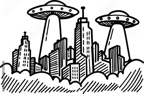 Giant alien ufos hovering above futuristic city skyline in clouds extraterrestrial invasion science fiction concept