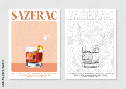 Sazerac cocktails retro posters. Garnished alcoholic beverage graphic print. Popular alcohol drinks. Vintage style vector illustrations, bar, pub, restaurant, kitchen wall art