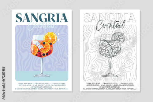 Sangria cocktails retro posters. Garnished alcoholic beverage graphic print. Popular alcohol drinks. Vintage style vector illustrations, bar, pub, restaurant, kitchen wall art