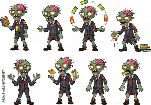 Cartoon nerd zombie with exposed brain and glasses, funny undead character reading and juggling books, Halloween monster student illustrations, brainy zombie in suit