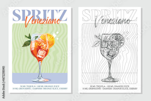 Spritz veneziano cocktails retro posters. Garnished alcoholic beverage graphic print. Popular alcohol drinks. Vintage style vector illustrations, bar, pub, restaurant, kitchen wall art