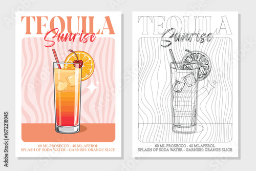 Tequila sunrise cocktails retro posters. Garnished alcoholic beverage graphic print. Popular alcohol drinks. Vintage style vector illustrations, bar, pub, restaurant, kitchen wall art