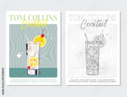 Tom Collins  cocktails retro posters. Garnished alcoholic beverage graphic print. Popular alcohol drinks. Vintage style vector illustrations, bar, pub, restaurant, kitchen wall art