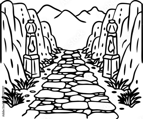 Stone path winding through mountain pass with decorative pillars and rocky landscape, hand drawn black and white illustration