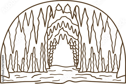 Underground cave interior with stalactites and stalagmites natural rock formation, outline illustration