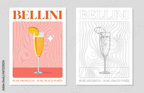 Bellini Cocktails retro posters. Garnished alcoholic beverage graphic print. Popular alcohol drinks. Vintage style vector illustrations, bar, pub, restaurant, kitchen wall art