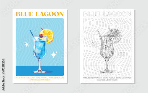 Blue lagoon Cocktails retro posters. Garnished alcoholic beverage graphic print. Popular alcohol drinks. Vintage style vector illustrations, bar, pub, restaurant, kitchen wall art
