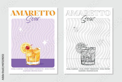 Cocktails retro posters. Amaretto sour cocktails. Popular alcohol drinks. Vintage style vector illustrations, bar, pub, restaurant, kitchen wall art