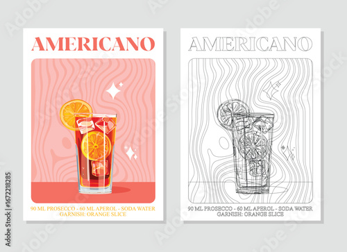 Cocktails retro posters. Americano cocktails. Popular alcohol drinks. Vintage style vector illustrations, bar, pub, restaurant, kitchen wall art