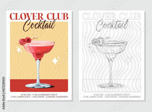 Clover Club Cocktails retro posters. Garnished alcoholic beverage graphic print. Popular alcohol drinks. Vintage style vector illustrations, bar, pub, restaurant, kitchen wall art