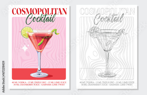 Cosmopolitan Cocktails retro posters. Garnished alcoholic beverage graphic print. Popular alcohol drinks. Vintage style vector illustrations, bar, pub, restaurant, kitchen wall art