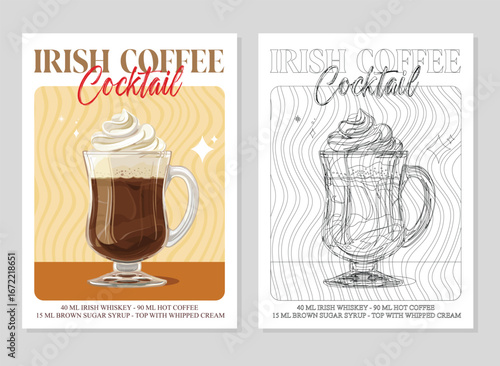 Irish Cocktails retro posters. Garnished alcoholic beverage graphic print. Popular alcohol drinks. Vintage style vector illustrations, bar, pub, restaurant, kitchen wall art