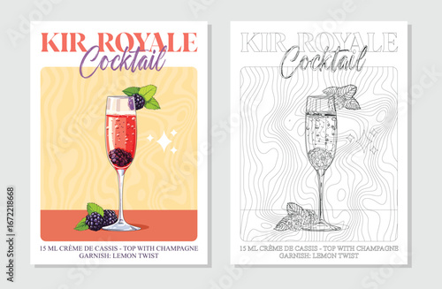 Kir royale Cocktails retro posters. Garnished alcoholic beverage graphic print. Popular alcohol drinks. Vintage style vector illustrations, bar, pub, restaurant, kitchen wall art