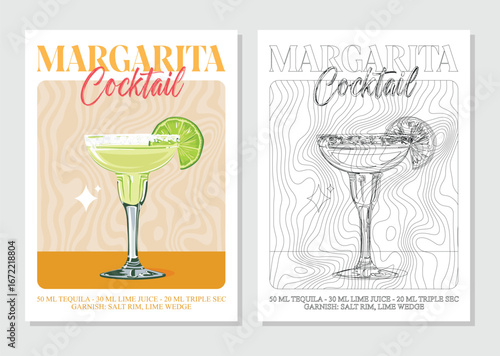 Margarita Cocktails retro posters. Garnished alcoholic beverage graphic print. Popular alcohol drinks. Vintage style vector illustrations, bar, pub, restaurant, kitchen wall art