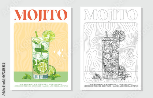 Mojito Cocktails retro posters. Garnished alcoholic beverage graphic print. Popular alcohol drinks. Vintage style vector illustrations, bar, pub, restaurant, kitchen wall art